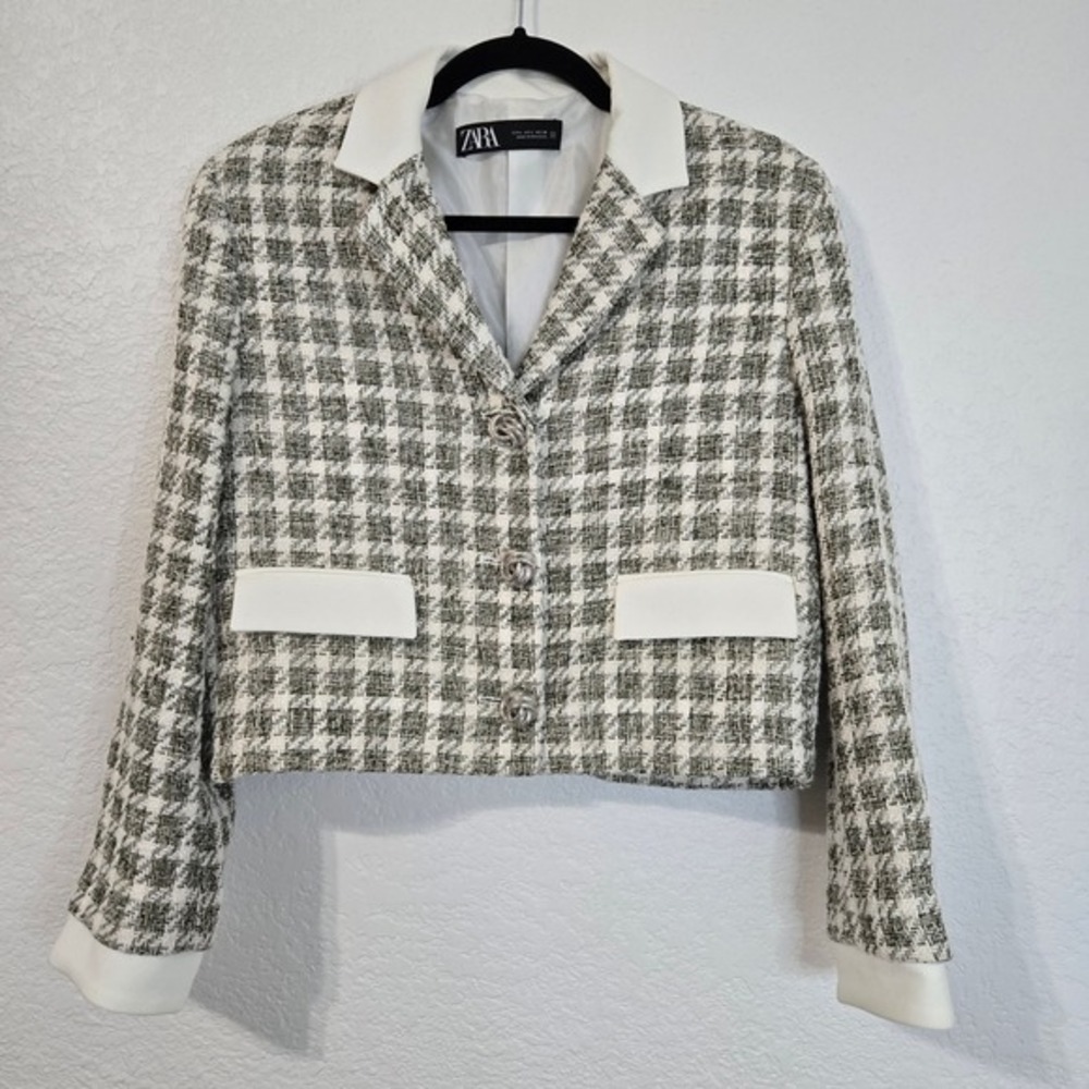 ZARA Houndstooth Cropped Blazer White‎ Trim Pearl Buttons Large Preppy